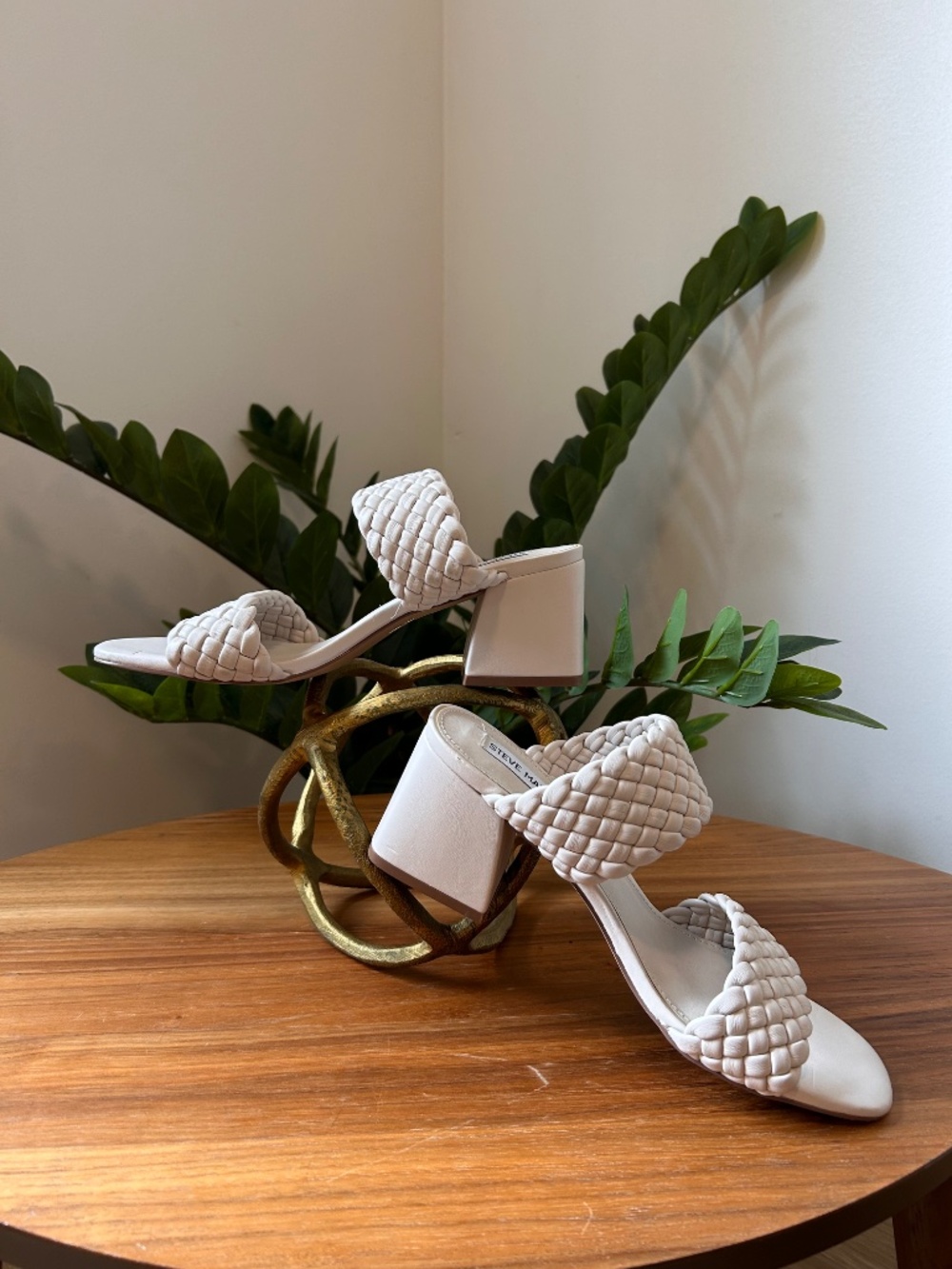 Steve Madden Braided Double-Strap Block Heel Mules Cream Sz 9.5